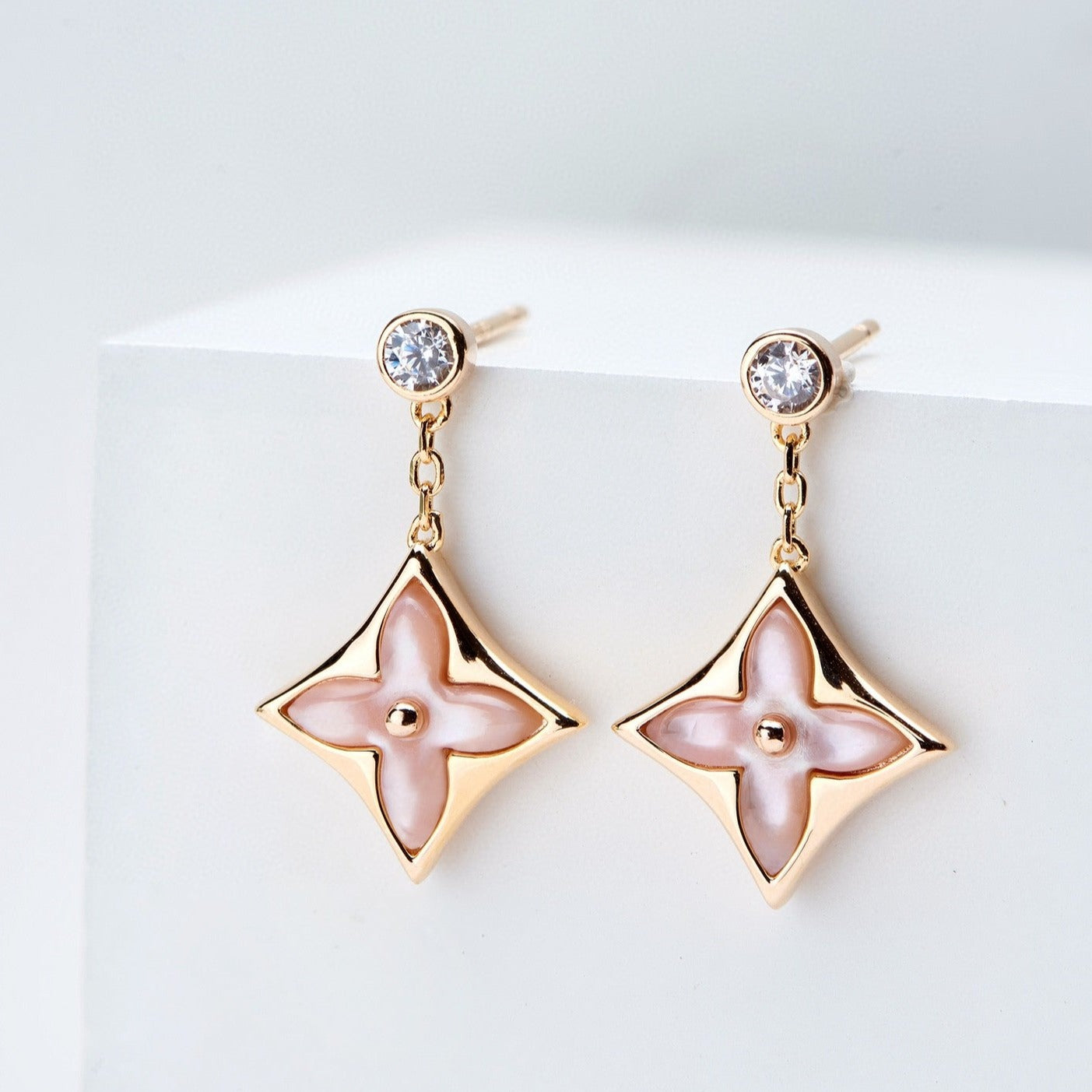 [Lunabriance]DOUBLE STAR PINK GOLD MOP DROP EARRINGS