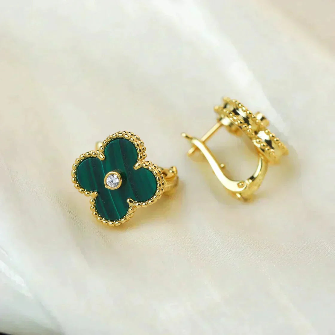 [Lunabriance]CLOVER MEDIUM 1 MOTIFS MALACHITE DIAMOND EARRINGS