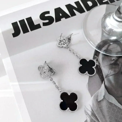 [Lunabriance]CLOVER 2 MOTIFS  DIAMOND ONYX EARRINGS SILVER