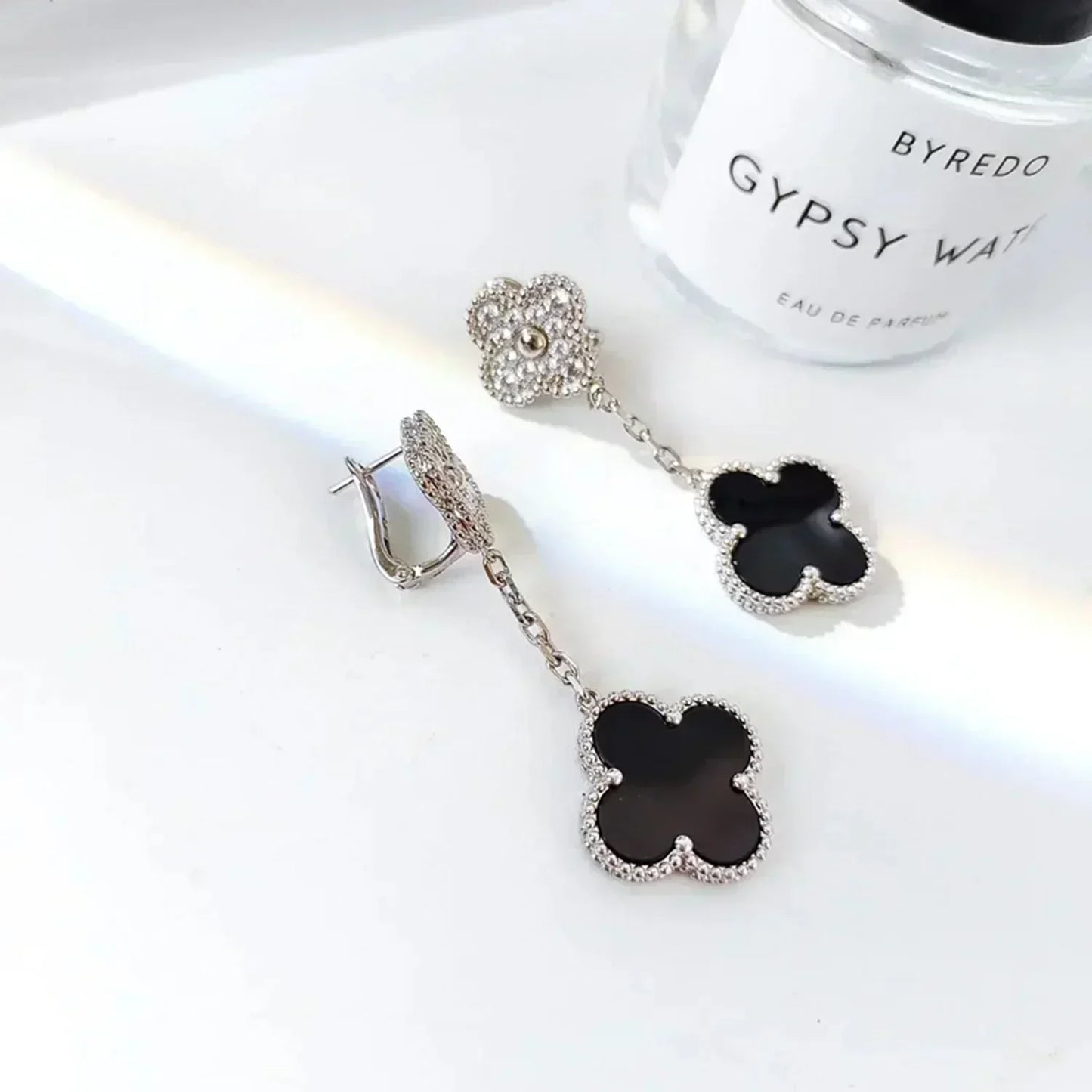 [Lunabriance]CLOVER 2 MOTIFS  DIAMOND ONYX EARRINGS SILVER