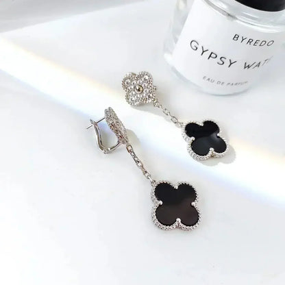 [Lunabriance]CLOVER 2 MOTIFS  DIAMOND ONYX EARRINGS SILVER