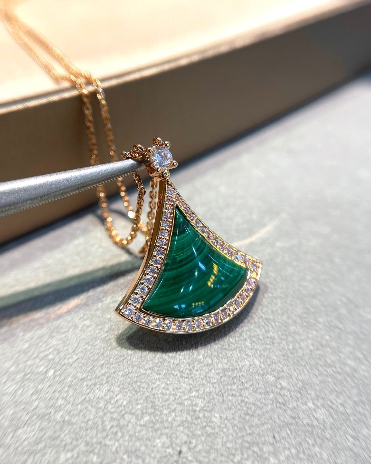 [Lunabriance]DREAM MALACHITE DIAMOND PAVED PINK GOLD NECKLACE