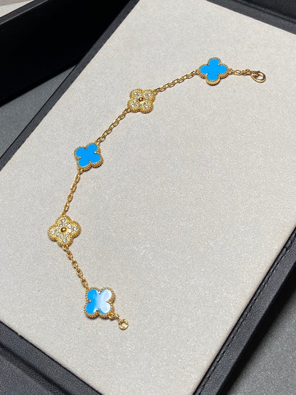 [Lunabriance]CLOVER 5 MOTIF BLUE CHALCEDONY DIAMOND GOLD BRACELET