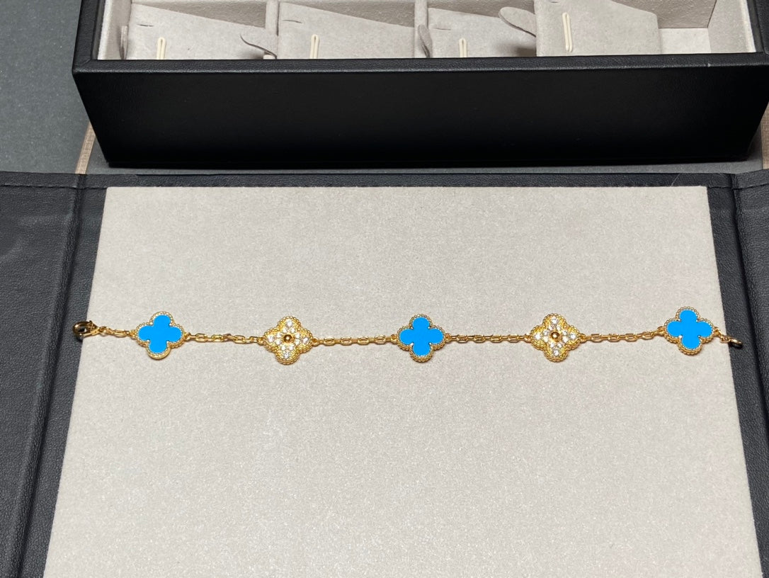 [Lunabriance]CLOVER 5 MOTIF BLUE CHALCEDONY DIAMOND GOLD BRACELET