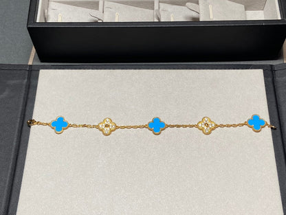 [Lunabriance]CLOVER 5 MOTIF BLUE CHALCEDONY DIAMOND GOLD BRACELET