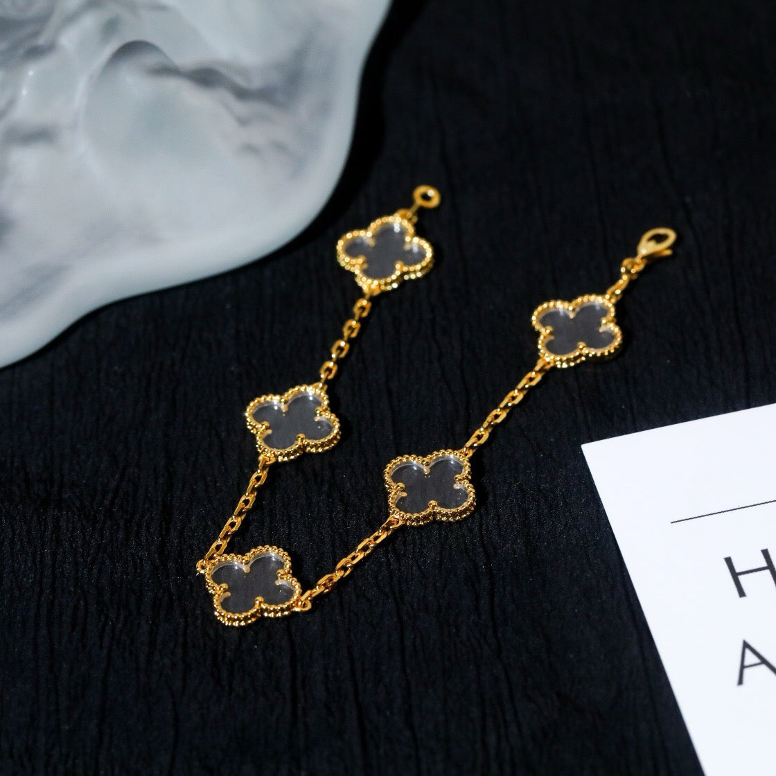 [Lunabriance]CLOVER 5 MOTIF ROCK CRYSTAL PINK GOLD BRACELET