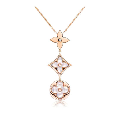 [Lunabriance]COLOR BLOSSOM LARIAT NECKLACE PINK GOLD WHITE MOTHER PEARL AND DIAMOND