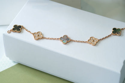 [Lunabriance]CLOVER 5 MOTIFS DARK MOP AND DIAMONDS PINK GOLD BRACELET